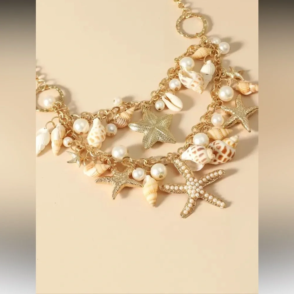 SeaShell & starfish layered charm statement necklace| mermaidcore vacation beach - Picture 5 of 7